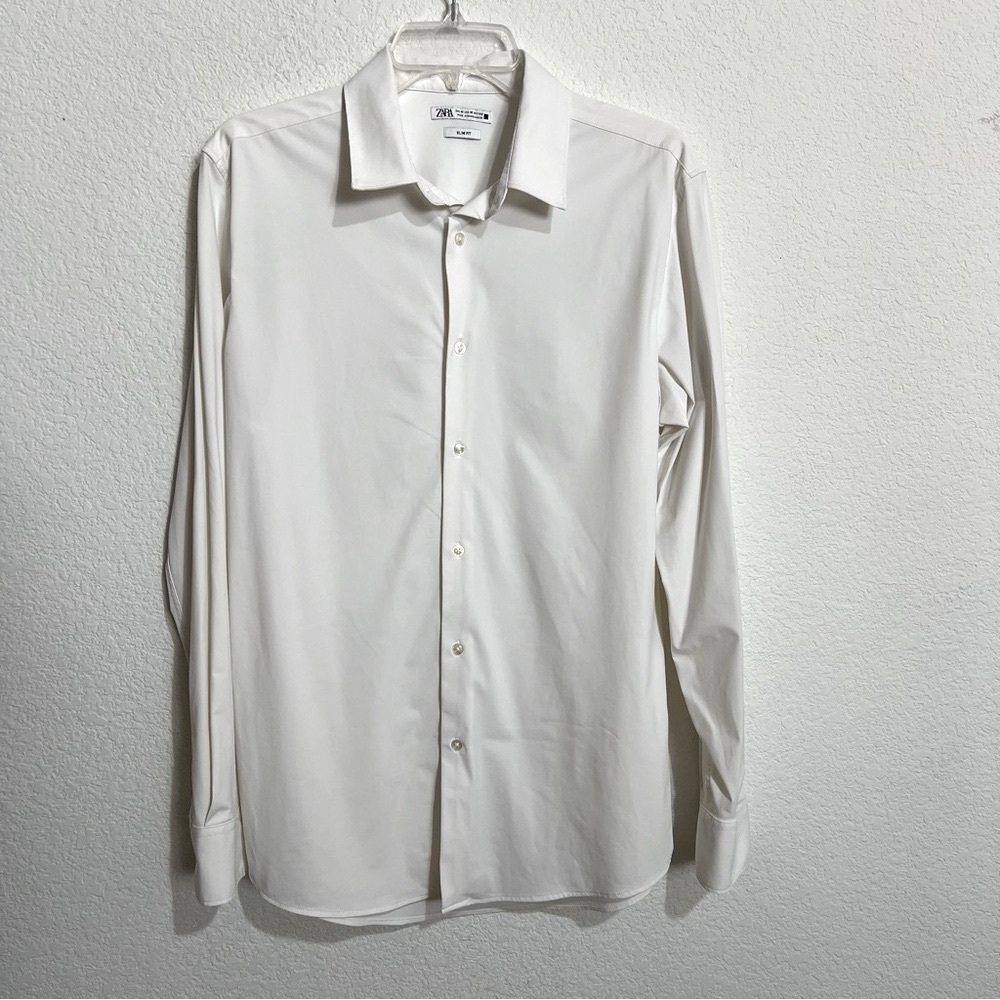 Zara Off White  Slim Fit Dress Stretch Shirt Medium